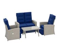 Outsunny 4 Piece Rattan Garden Furniture Set with Adjustable Backrest, Wicker Outdoor Furniture Sofa Set with Loveseat, Reclining Armchairs, Thickened Cushions and Glass Top Table, Navy Blue Navy blue