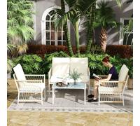 Outsunny 4 Piece Rattan Garden Furniture Set, 4 Seater Wicker Patio Conversation Set with 2 Armchairs, Loveseat, Glass Top Coffee Table and Cushions for Outdoor, Balcony, Khaki Grey