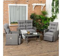 Outsunny 4 Seat Rattan Furniture Set w/ Reclining Back, Grey, Grey