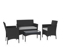Outsunny 4 Piece Rattan Garden Furniture Sofa Set with Loveseat, Armchairs, Glass-Top Coffee Table and Cushions, Black