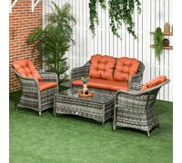 Outsunny 4-Piece Rattan Sofa Set with Cushions, Aluminium Frame and Glass Table - Outdoor Conservatory Furniture 860-124V70OG