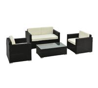 Outsunny 4 Pieces Outdoor PE Rattan Sofa Set with Cushions, Patio Wicker Conversation Furniture Set with Glass Top Coffee Table, Black Black