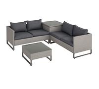 Outsunny 4 Pieces Rattan Garden Furniture Set, 4 Seater Garden Sofa Set with Storage Box, Loveseats and Glass Top Table, Wicker Outdoor Conservatory Furniture with Cushions for Outdoor, Patio, Grey Gr
