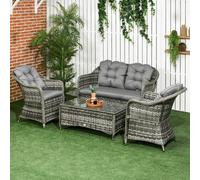 Outsunny 4 Pieces PE Rattan Wicker Sofa Set Outdoor Conservatory Furniture Lawn Patio Coffee Table w/ Cushion - Grey