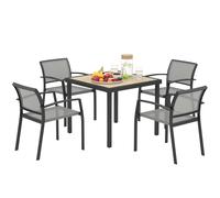 Outsunny 4 Seater Garden Dining Set, 5 Piece Garden Furniture Set with 4 Stackable Armchairs, Outdoor Table and Chairs with Easy Clean Top, Steel Frame, Texteline Seat, for Terrace, Balcony, Grey Grey