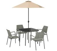 Outsunny 4 Seater Rattan Dining Set with Parasol, 6 Piece Garden Table and Stackable Chairs with Tempered Glass Tabletop
