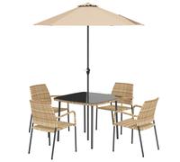 Outsunny 4 Seater Rattan Dining Set with Parasol, 6 Piece Garden Table and Stackable Chairs with Tempered Glass Tabletop