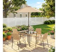 Outsunny 4 Seater Rattan Dining Set with Parasol, Light Brown
