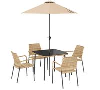 Outsunny 4 Seater Rattan Dining Set With Parasol, 6 Piece, Light Brown Light Brown