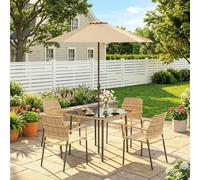 Outsunny 4 Seater Rattan Dining Set with Parasol, Light Brown, Brown