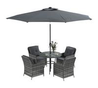 Outsunny 4 Seater Rattan Dining Set with Parasol, Luxury Rattan Garden Furniture Set with Seat and Back Cushions, Outdoor Table and Chairs, Round Glass Top Table Light Grey
