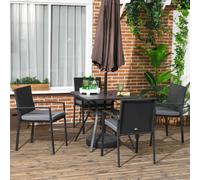 Outsunny 4 Seater Rattan Dining Set with Cushions, Wood Effect Metal Top Table with Umbrella Hole, PE Rattan Garden Furniture Set, Outdoor Dining Table and Chairs for Patio, Balcony, Lawn, Black Black
