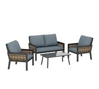 Outsunny 4 Seater Rattan Garden Furniture Set with 2 Armchairs, Loveseat, Coffee Table, Garden Sofa Set with Cushions, Grey