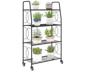 Outsunny 4-Tier Metal Plant Stand, Heavy Duty Ladder Shelf Potted Plants Display Rack with Lockable Wheels and Adjustable Foot Pads, Indoor Outdoor Flower Pot Holder for Garden Balcony Patio