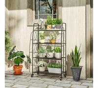 Outsunny Plant Stand 4-Tier Metal Ladder Shelf, Heavy Duty, Lockable Wheels, Adjustable Foot Pads
