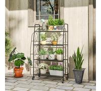 Outsunny 4-Tier Metal Plant Stand, Heavy Duty Ladder Shelf Potted Plants Display Rack with Lockable Wheels and Adjustable Foot Pads, Indoor Outdoor Flower Pot Holder for Garden Balcony Patio