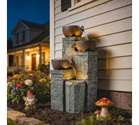 Outsunny 4-Tier Outdoor Fountain With Led Lights, Grey And Rustic Brown