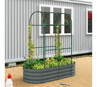 Outsunny Galvanised Raised Garden Bed with Arched Trellis, 4 x 2 x 4.6ft Metal Raised Bed for Garden with Open Bottom Design, Modular Outdoor Planter Box with Gloves for Vegetables Flowers, Dark Grey