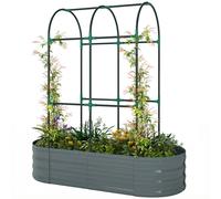 Outsunny Galvanised Raised Garden Bed w/Arched Trellis 4x2x4.6ft, Dark Grey | Metal Raised Bed for Garden, Open Bottom Design, Modular Outdoor Planter Box, Gloves, for Vegetables Flowers