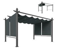 Outsunny 4 x 3 m Garden Pergola with Retractable Roof Canopy and Roll-Up Sides, Aluminium Frame Outdoor Gazebo Pergola Kit with Drainage Holes, UPF50+ Sun Shade Shelter, Dark Grey