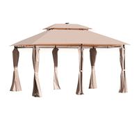 Outsunny 4 x 3(m) Outdoor Gazebo Canopy Party Tent Garden Pavilion Patio Shelter w/ LED Solar Light, Double Tier Roof, Curtains, Steel Frame, Khaki
