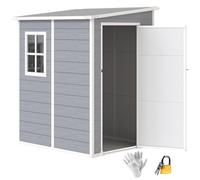 Outsunny 4 x 5FT Plastic Garden Shed with Floor, All Weather Resin Outdoor Storage Shed, Lockable Tool Storage with Window, Vent and Pent Roof for Patio Lawn, Grey