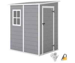 Outsunny 4 x 5FT Plastic Garden Shed with Floor, All Weather Resin Outdoor Storage Shed, Lockable Tool Storage with Window, Vent and Pent Roof for Patio Lawn, Grey