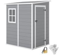 Outsunny 4 x 5FT Plastic Garden Shed with Floor, Lean to Outdoor Storage Shed, Lockable Tool Storage House with Window, Vent and Plastic Roof, Grey