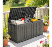 Outsunny 440L Garden Storage Box, Waterproof Resin Deck Box with Lockable Lid, Pneumatic Gas Rods, Side Handles, UV Resistant Wood Texture Outdoor Patio Storage Container for Garden Tools