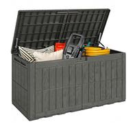 Outsunny 440L Garden Storage Box, Waterproof Resin Deck Box with Lockable Lid, Pneumatic Gas Rods, Side Handles, UV Resistant Wood Texture Outdoor Patio Storage Container for Garden Tools