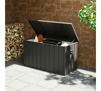 Outsunny 450 Litre Garden Storage Box, Outdoor Storage Box with Wheels and Handles, Lockable Galvanised Steel Outside Deck Box Organiser for Tools, Cushions, Dark Grey