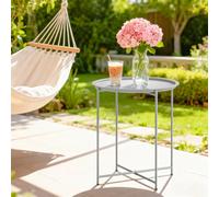 Outsunny Round Small Garden Table Removable Tray 46 x 46 x 53 cm White | Folding Legs, Metal Indoor Outdoor End Table, for Patio, Balcony, Porch