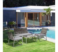 Outsunny 4PC Rattan Garden Furniture Set 2 Single Sofa Arm Chairs 1 Bench with Cushions & Coffee Table Patio Backyard Wicker Weave Grey