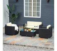 Outsunny 4 Pieces Outdoor PE Rattan Sofa Set with Cushions, Patio Wicker Conversation Furniture Set with Glass Top Coffee Table, Black Black