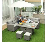 OUTSUNNY 5 PCs Outdoor Rattan Corner Dining Set Footstool Gas Fire Pit Table Furniture in Grey Outsunny Grey