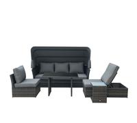 Outsunny 5 PCS Outdoor Rattan Wicker Sofa Sets Reclining Sofa Adjustable Canopy & Side Table Dining Table Set Sectional Conversation Furniture w/ Cushions, Mixed Grey Grey