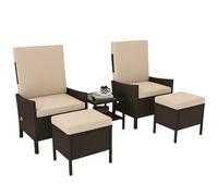 Outsunny 5 Piece Rattan Garden Furniture Set, Wicker Patio Sofa Set with 2 Armchairs, 2 Footstools, Glass Top Coffee Table with Shelf, Outdoor Furniture with Adjustable Backrests, Cushions, Khaki Khak