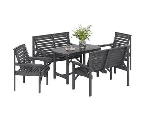 Outsunny 5 Piece Wooden Garden Dining Set for 6, Outdoor Conversation Set with 2 Armchairs, 2 Loveseats and Dining Table with Umbrella Hole for Patio, Balcony, Grey