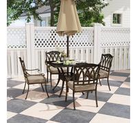Outsunny 5 Pieces Cast Aluminium Garden Dining Set, 4 Seater Garden Table and Chairs with Parasol Hole, Outdoor Garden Furniture Set with Cushions for Patio, Bronze Tone Bronze