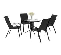Outsunny 5 Pieces Garden Dining Set, 4 Seater Garden Furniture with High Back Stackable Chairs and Round Glass Top Table, Outdoor Bistro Set with Parasol Hole for Patio, Black Black