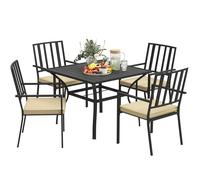 Outsunny Garden Dining Set with 4 Stackable Cushioned Chairs and Metal Top Table, Black