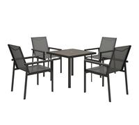Outsunny 5 Pieces Garden Dining Set with Glass Top Dining Table, Outdoor Patio Table and 4 Armchairs with Texteline Fabric Seats and Backrest, Wood-plastic Composite Armrests Top, Grey Dark Grey