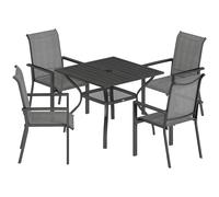Outsunny 5 Pieces Outdoor Dining Set for 4, Garden Table and Stackable Chairs with Breathable Mesh Seat and Parasol Hole, Grey