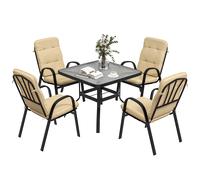 Outsunny 5 Pieces Outdoor Square Garden Dining Set with Tempered Glass Table & 4 Cushioned Armchairs, Beige Aosom UK