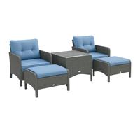 Outsunny 5 Pieces PE Rattan Garden Furniture Set with 10cm Thick Padded Cushions, Wicker Weave Outdoor Seating Chairs with 2 Armchairs, 2 Stools, Glass Top Table, Grey Blue