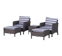 Outsunny 5 Pieces PE Rattan Garden Furniture Set with 10cm Thick Padded Cushions, Wicker Weave Outdoor Seating Chairs with 2 Armchairs, 2 Stools, Glass Top Table, Grey Dark Grey