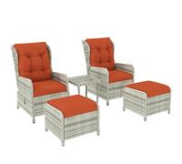 Outsunny 5 Pieces Rattan Bistro Set with Adjustable Back, Reclining Wicker Balcony Furniture with Cushions, Glass Top Coffee Table and Footstools, Outdoor Table and Chairs, Orange Orange