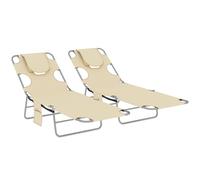Outsunny 5-Position Adjustable Sun Loungers Set of 2 with Reading Hole and Side Pocket, Beige