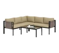 Outsunny 5 Seater Garden Corner Sofa Set, 4 Pieces Metal Garden Furniture Set with Loveseats, Glass Top Coffee Table, Breathable Mesh Pocket, Outdoor Conversation Furniture with Cushions, Khaki Khaki