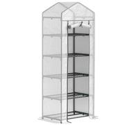 Outsunny 5 Tier Mini Greenhouse, Portable Greenhouse with Reinforced PE Cover, Garden Grow House with Roll Up Door and Shelves, 69 x 49 x 193cm, White/Grey